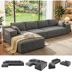 Gizoon 135" Oversized Cloud Couch with Left Chaise, Corduroy Frameless Modular Boneless Sectional Sofa for Living Room, 32D High-Density Memory Foam, Deep Seat Floor Couch, No Assembly, Grey