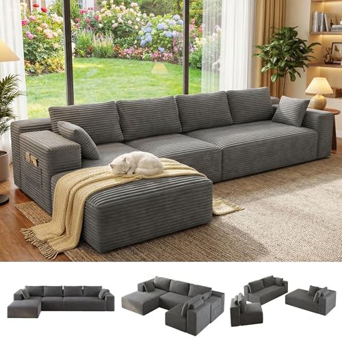 Gizoon 135" Oversized Cloud Couch with Left Chaise, Corduroy Frameless Modular Boneless Sectional Sofa for Living Room, 32D High-Density Memory Foam, Deep Seat Floor Couch, No Assembly, Grey