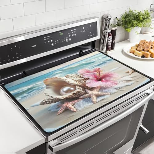 Image of Beach Starfish Seashell Flower Stove Cover 30 inchx21 inch Heat Resistant Multi-Functional Counter Protector Non-slip Waterproof Mat for Glass Stovetop Protector Easy to Clean