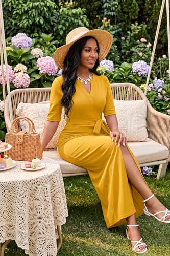 Image of Nmoder Maxi Dress for Women Long Church Cocktail Casual Dresses Colorblock Front Split 3 /4 Sleeve V Neck Pencil Dress