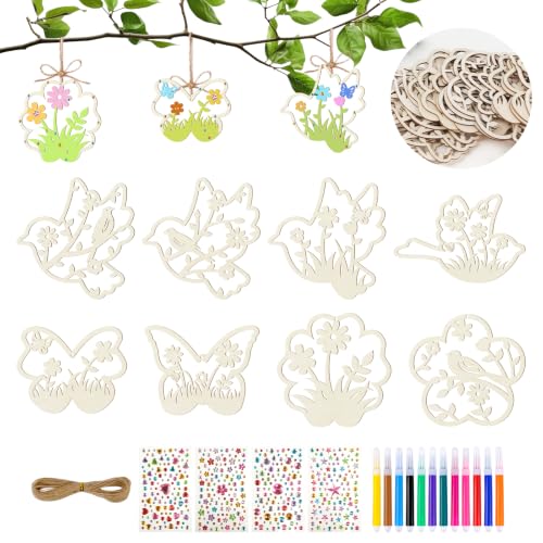 ARTREE Kit de bricolage pour enfants - Pendentif en bois à peindre - 24 pièces - Kit de bricolage de Pâques avec stylos et autocollants - Kit créatif pour...