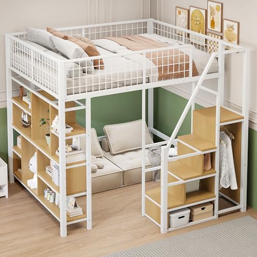 Kayan Hochbett 140 x 200 cm, Metallbett mit Stauraum, Ablageflächen und Treppe, Funktionsbett Kinderhochbett Jugendhochbett mit Rausfallschutz, Weiß, ohne Matratze (Weiß)