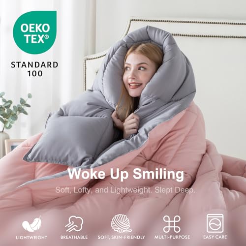 Image of KASENTEX Queen Comforter Set - Reversible Dual Color - Goose Down Alternative - Ultra-Soft, Lightweight, Machine Washable, Maintain Fluffiness, All Season Warmth (Pink Potpourri /Quartz Silver) | 250 GSM Fill, Ultra-Soft, Lightweight, Machine Washable, 1 Comforter + 2 Pillow Shams, Pink Potpourri /Quartz Silver