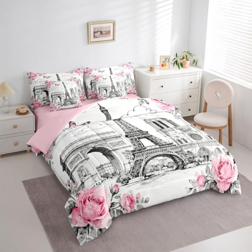 Image of 7 Pcs Eiffel Tower Bedding Sets Queen Sketch French Architecture Decor Comforter Set Pink Rose Butterfly Romantic Style All Season Comforter Flat Sheet Fitted Sheet 2 Pillowcases 2 Throw Pillow Covers