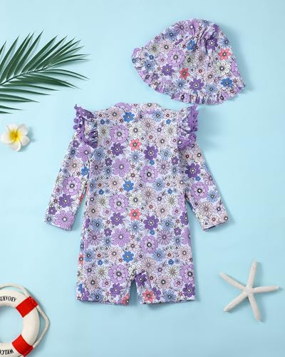 Image of Toddler Girl Swimsuit Baby Girl Bathing Suit Long Sleeve Floral Zipper One-Piece Rash Guard Swimsuit with Hat
