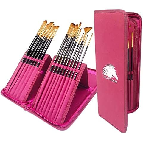 Paint Brushes - 15 Pc Brush Set for Watercolour, Acrylic, Oil & Face Painting | Long Handle Artist Paintbrushes with Travel Holder (Hot Pink) & Box | Premium Art Supplies by MyArtscape™ Cover