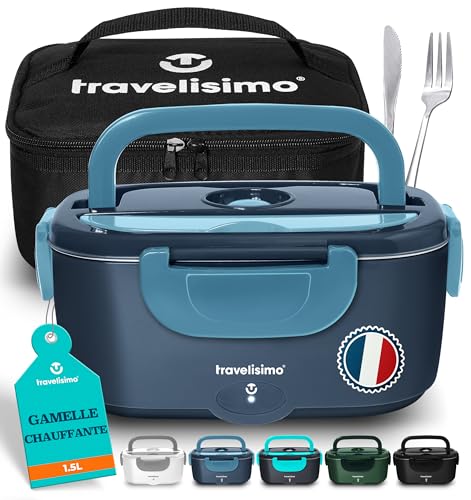 TRAVELISIMO Gamelle Chauffante 100W Lunch Box Chauffante 1,5L Boite Alimentaire Chauffante 3 en 1 220V 24V 12V, Bento Isotherme Chaud, Acier Inoxydable,...