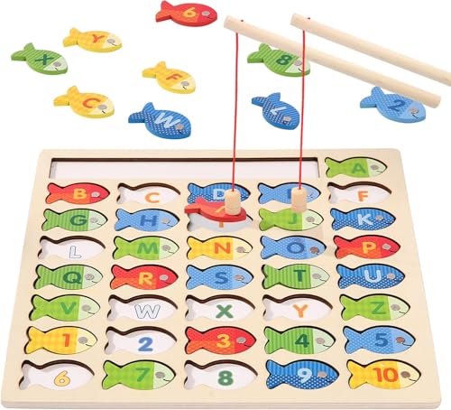 Image of SHINETOY Magnetic Alphabet Numbers Fishing Game, Wooden ABC Letter Numbers 123 Color Matching Puzzle Fine Motor Montessori Educational Toy for Preschool 3 4 5 Year Old Toddlers, 2 Poles