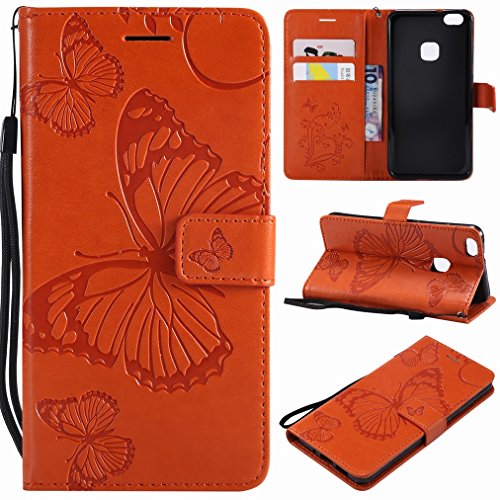 Laybomo Huawei P10 Lite Custodia PU Pelle Portafoglio Morbido TPU Silicone Magnetico Protezione Flip Cover Custodia per Huawei P10 Lite con Slot per Scheda ID, Farfalla (Arancio)