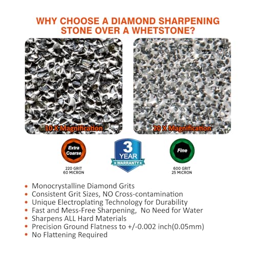 Image of SHARPAL 169H Large 8 inch x 3 inch Dual-Grit Diamond Sharpening Stone | Extra-Coarse 220 & Fine 600 Grit Monocrystalline Diamond Whetstone, Pro Knife Sharpener with Anti-Slip Pad and Angle Guide