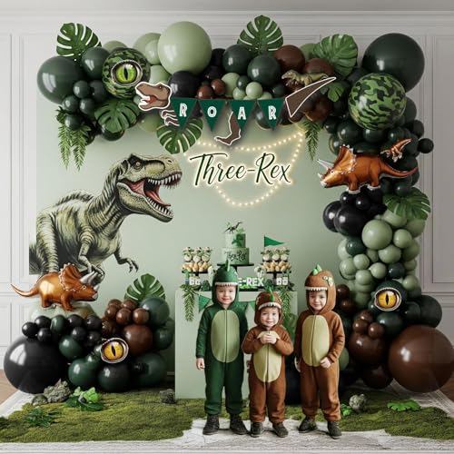 Image of Dinosaur Birthday Party Decorations hunter Green black brown balloon arch kit with mini dino Foil balloons ROAR Banner Dinosaur eye stickers for jungle adventure Boy Scouts three rex Jurassic Supplies
