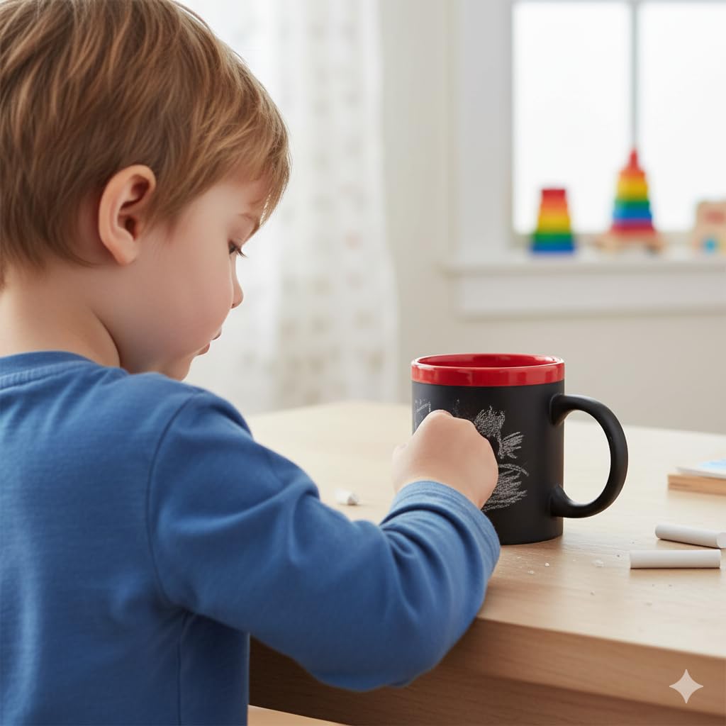 Set da 4 Tazze in Ceramica con Lavagna e Gessetti | Tazze da Caffè o Tè per Scrivere Messaggi Originali | Regalo Divertente per Amici, Famiglia e Bambini | Perfetto per Disegnare