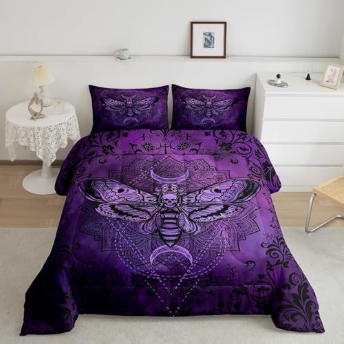 Image of Feelyou Boys Girls Purple Damask Duvet Insert Twin Size, Boho Death Moth Skull Comforter Set Gothic Decor Bedding Set Kids Teens Bedroom Decor 2Pcs