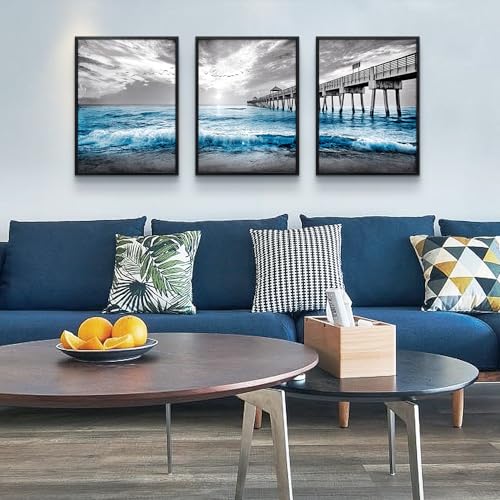 DZRWUBHS Black Framed Wall Decor For Living Room Large Canvas Wall Art For Bedroom Office Wall Decorations Black And White Wall Painting Blue Sea Wave Pictures Artwork For Posters Prints Home Decor