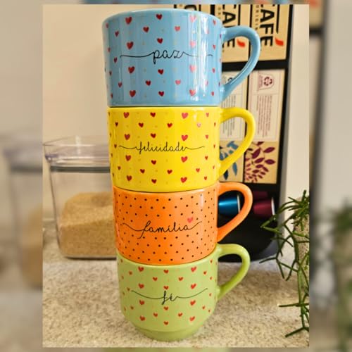 Conjunto de 4 canecas, de porcelana, empilhável, com palavras variadas, cores vibrantes, laranja, ve