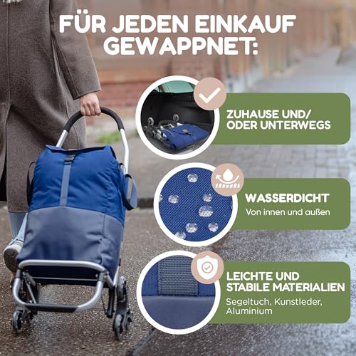 TrayTrol Einkaufstrolley klappbar mit Treppenläufer - Einkaufen ohne Schleppen - Einkaufswagen, Einkaufsroller, Trolley Shopper, Einkaufstasche Rollen, Hackenporsche, Shopping Trolley Bag (blau/blau) – Bild 5