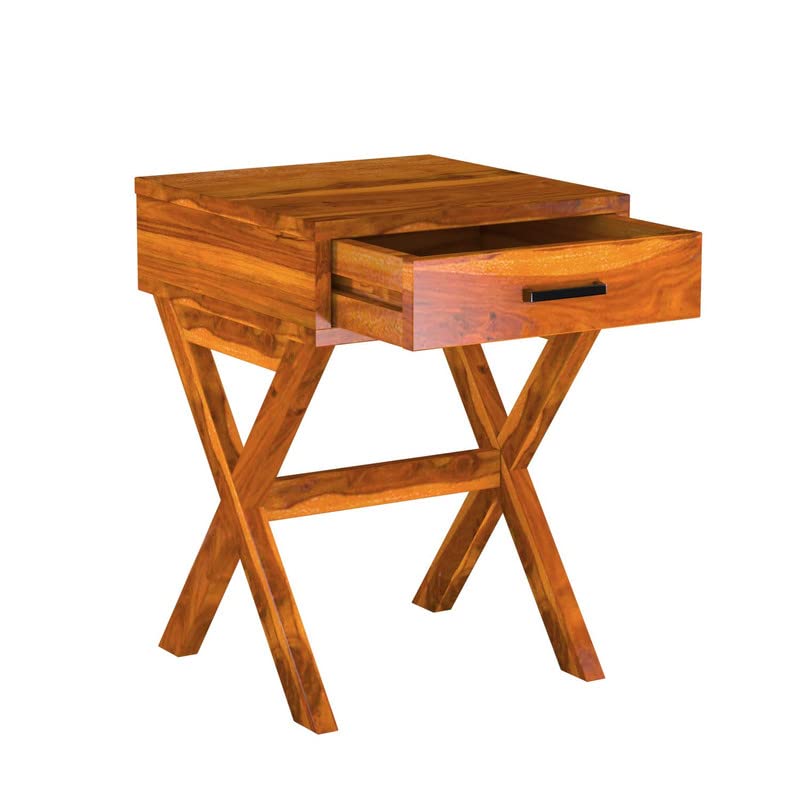 Image of Solid Wood Sheesham Sofa Side Table with 1 Drawer - Honey Finish