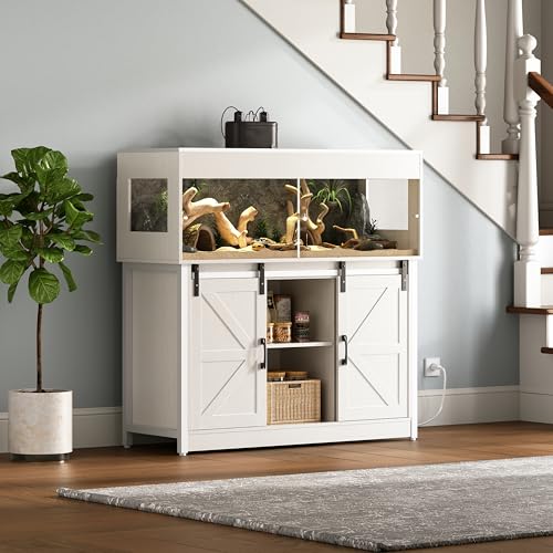 Herture 60 Gallon Reptile Terrarium with Stand, Terrarium Enclosure with Acrylic Doors, Storage Cabinet with Barn Door, Mesh Lid & Power Outlet – Vivarium Habitat for Medium Reptiles White PX05RTW