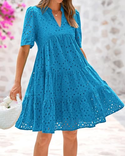 Image of BTFBM Womens Boho Summer Dresses 2026 Spring V Neck Short Sleeve Hollow Out Lace Ruffle Casual Beach Mini Vacation Dress
