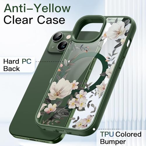 Image of VONZEE Compatible with iPhone 13 Case Luxury Retro Flowers Floral Clear for Magnetic Wireless Charging Case Shockproof Case PC+TPU Cute Glossy Shiny Cover for Girls Women, 6.1'' Green