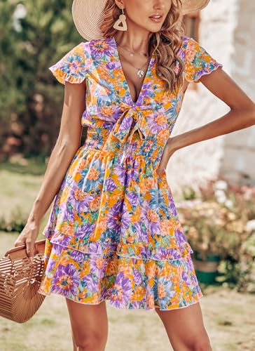 PRETTYGARDEN Women Summer Mini Short Dress 2025 Short Sleeve Casual Beach Vacation Sundress V Neck Tiered Sun Dresses