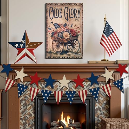 Image of Framed Olde Glory 1776 American Flag Wall Art, Patriotic Vintage Canvas Art Pictures, USA Flag Flower Wall Decor, Made in USA Ready to Hang for Living Room Entryway