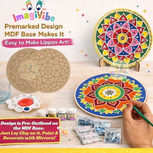 Image of ImagiVibe DIY Lippan Art Kit for Kids and Adults | 2 Pre-Marked 12 Inch MDF Boards with Stand | Indian Folk Art Craft Kit with Clay Mirrors and 6 Non-Toxic Pastel Acrylic Paint Colors | Wall Decor DIY Gift Kit (12inch Pastel Colors)