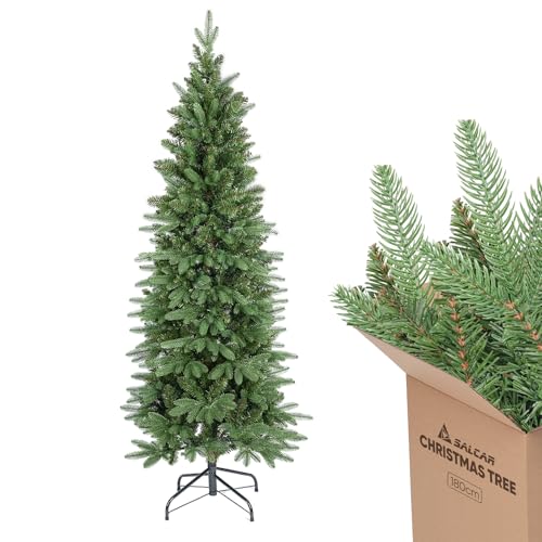 SALCAR Künstlicher Weihnachtsbaum 180 cm Slim Schmaler Realistischer Christbaum aus PE & PVC Platzsparender Tannenbaum Grün Ideal für Weihnachtsdeko Innen