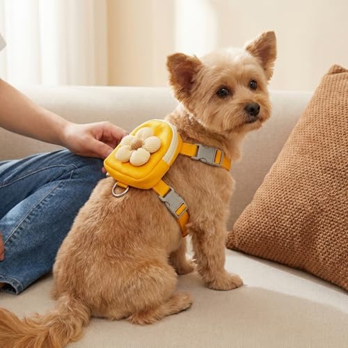 Image of Qpets Cat Harness with Leash, Adjustable Size Floral Flower Pet Belt Mini Zipper Pouch & Cute Yellow Flower Accent, for 4-10kg Small Dogs Cats (Yellow, (M, Chest 26-42cm, Neck 20-32cm)