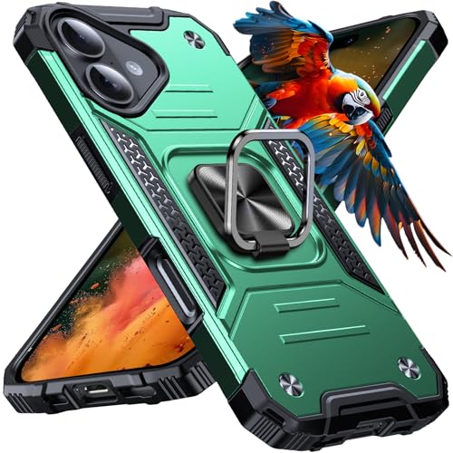 Image of Anqrp Heavy Duty Case for iPhone 16 Case with Enhanced Ring Holder Grip Stand, Military Grade Shockproof Rugged Drop Protective Silicone Hard Slim iPhone 16 Phone Case Cover,Forest Green