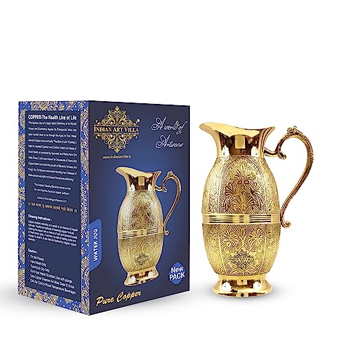 Image of Indian Art Villa Brass Shahi Designer Jug Pitcher | 1300 ML | for Storage & Serving Water Home Hotel Restaurant Gift Item