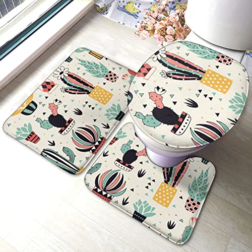 DIRYKILP Badematte + Konturmatte + Toilettendeckelbezug, niedlicher Kaktus 3 Stück Badematte Set, mit rutschfester Klebeunterseite