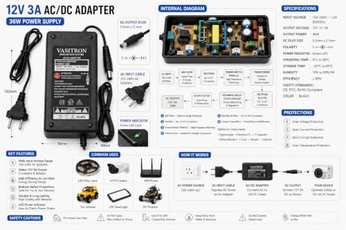 Image of 12V 3Amp DC Power Supply Adapter, Table Top 12 Volt 3A SMPS for CCTV Camera, LCD Monitor, TV, LED Strip Light, DVR, NVR, Setup Box Broadband, Routers for Home & Commercial Security Systems