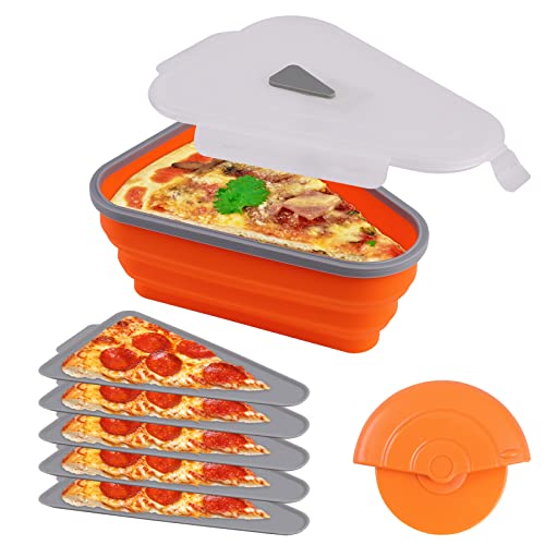 Yiomxhi Conteneur de Stockage de Pizza Pliable et Réutilisable Récipient de Tranches de Pizza en Silicone avec Coupe-pizza et 5 Plateaux Séparateurs, Boîte Alimentaire Triangle avec Couvercle, Orange Cover