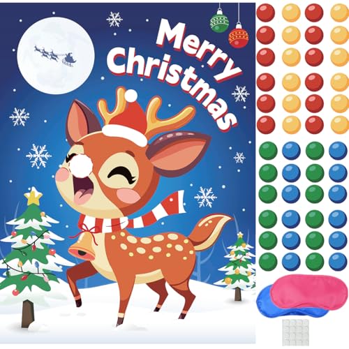 Christmas Games Pin the Noses on the Reindeer - Xmas Party Games Holiday New Year Activity 48 Stickers with 2 Blindfolds Winter Elk Party Supplies Pin Nose School Classroom Office Home Travel Trip