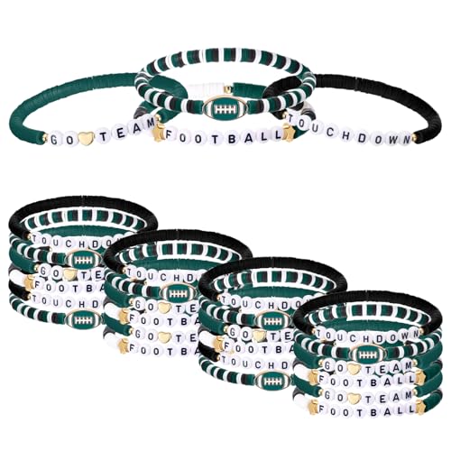 Landical 24 Pcs Football Bracelets Team Friendship Bracelets Football Party Favors for Women Men Stackable Stretch Sports Bracelet for Team Fan Party Supplies Award Gift(Green)
