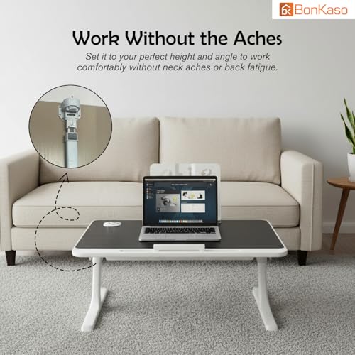 Image of BonKaso Multi-Purpose Laptop Table for Bed (60x40 cm) | Adjustable Height Foldable Lap Desk | Engineered Wood Portable Study Table for Work, Reading & Home Office | Bed Table with Legs (Black)