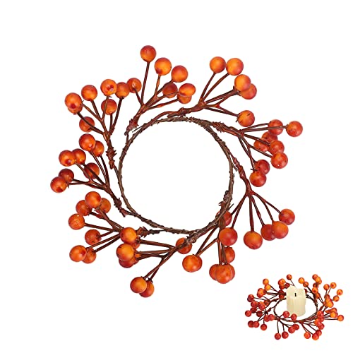 4 Pack Fall Candle Rings Wreaths Small Wreath Candle Ring with Artificial Orange Berries Berries Candle Garland Ring Fall Berry Candle Wreath for Table Centerpiece Decoration(4PCS)