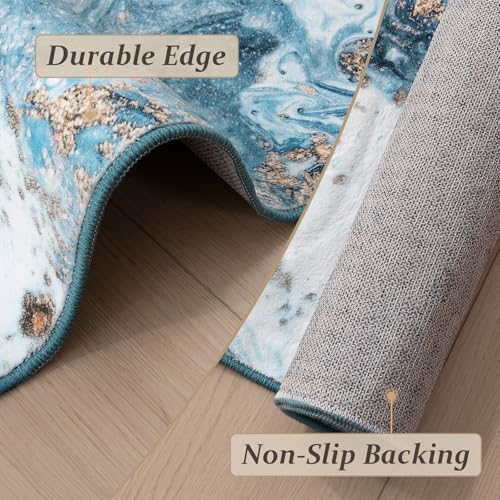 Image of GEMBED Washable Area Rug 8x10 - Artistic Style Modern Rug for Living Room Bedroom Dining Room, Soft Low Pile Machine Washable Carpet, Non Slip Non Shedding Area Rug - Blue /Gold, 8'x10'
