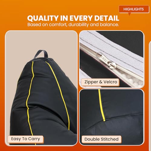 Image of Sattva Classic 2XL Bean Bag Chair with Beans Filled | Sofa Style Faux Leather Sofa Style Beanbags with Filled Beans | Bin Bags & Beam Bag for Adults | Home & Office, Black with Yellow Piping