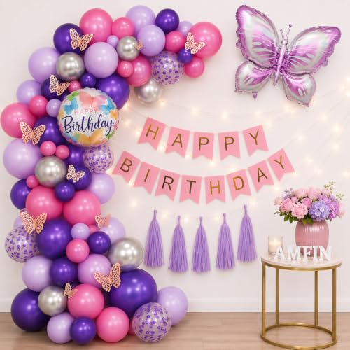 Image of AMFIN (Pack of 58) Butterfly Theme Birthday Decoration Kit Metallic Finish Women Girls Item Purple Rainbow Flower