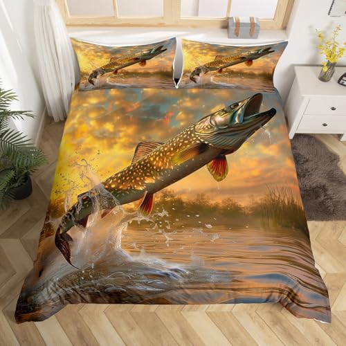 Homewish Housse de Couette Poisson 220x240 avec 2 Taies d'oreiller, Parure de Lit Ado Garçon Chasse et Pêche, Sets de Housses de Couettes Coucher de Soleil...