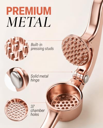 Image of Zulay Kitchen Premium Garlic Press Set - Rust Proof Professional Garlic Mincer Tool - Easy-Squeeze, Easy-Clean with Soft Handle - Silicone Garlic Peeler & Brush (Rose Gold)