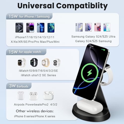 Image of Digiroot Wireless Charger for iPhone- 3 in 1 Charging Station for iPhone 16 /15 /14 /13 /12 /Pro Max /Pro /Mini /Plus, for Apple-Watch 10 /9 /8 /7 /SE /6 /5 /4 /3 /2 /1 /Ultra2 /Ultra, Charging for Airpods pro /2 /3 /4