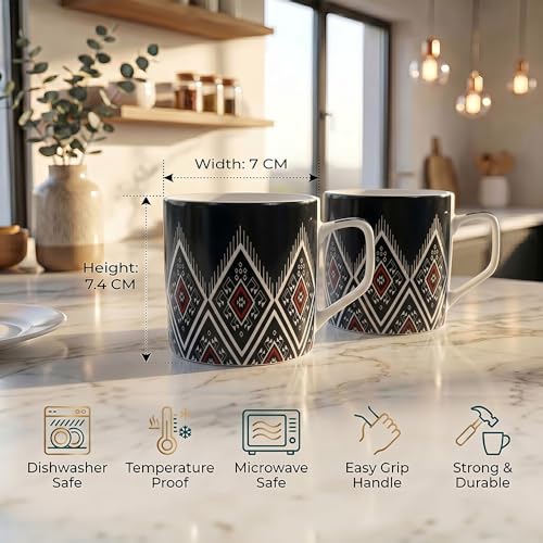 Image of UPC Coffee Mug Set of 6 | Black Aztec Geometric Print | Red & White Tribal Pattern Tea & Coffee Cups | Bone China | Microwave Safe | Home & Kitchen