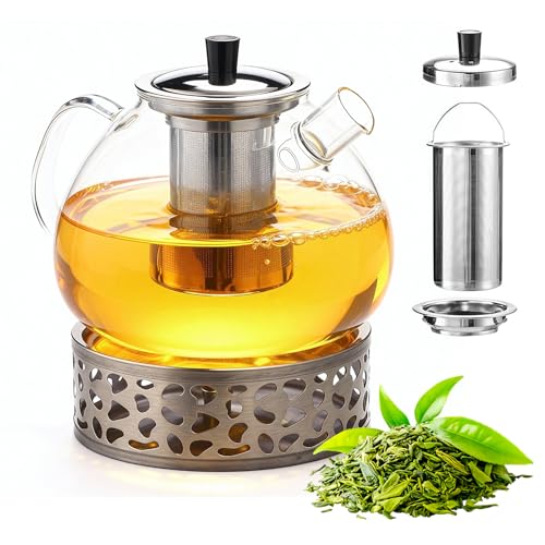 BORDEAG Theiere En Verre Avec Réchaud - Theiere Avec Infuseur 1.5 Litre, Theieres Verre Avec Infuseur, Chauffe-Théières Pour La Préparation De Thés en Vrac