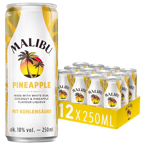 Malibu Pineapple – fruchtig-prickelnder Mix aus Rum und mit erfrischendem Geschmack von Kokos und Ananas – 12 Dosen à 250 ml, gesprudelt, (10 Vol. prozent)