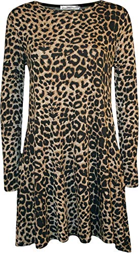 Damen Tunika-Top, Langarm, Stretch, Tunika, Top, Swing-Minikleid, ausgestelltes Oberteil, Übergröße, leopardenmuster, 38-40