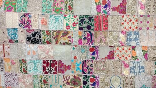 Image of Ekam Art Rajasthani Handmade Embroidery Cotton Patchwork Tapestry Cotton Wall Decor Hanging Beaded Tapestries 40 x 60 Inch (Beige)