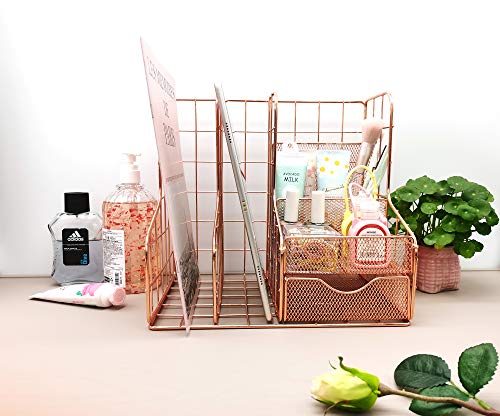 Rose Gold Mesh Desk Organizer Office Accessories (Give for Four Binder Clips) Multifunctional Desktop with 6 Compartments 1 Sliding Drawer for Home, Office, Cosmetic, Home Decor Box Storage